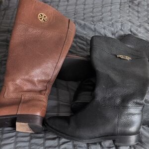 Tory Burch Brown and Black Leather Riding Boots - Logo Emblems